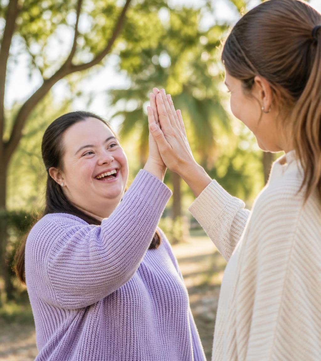 A participant and support worker sharing a joyful moment outdoors
