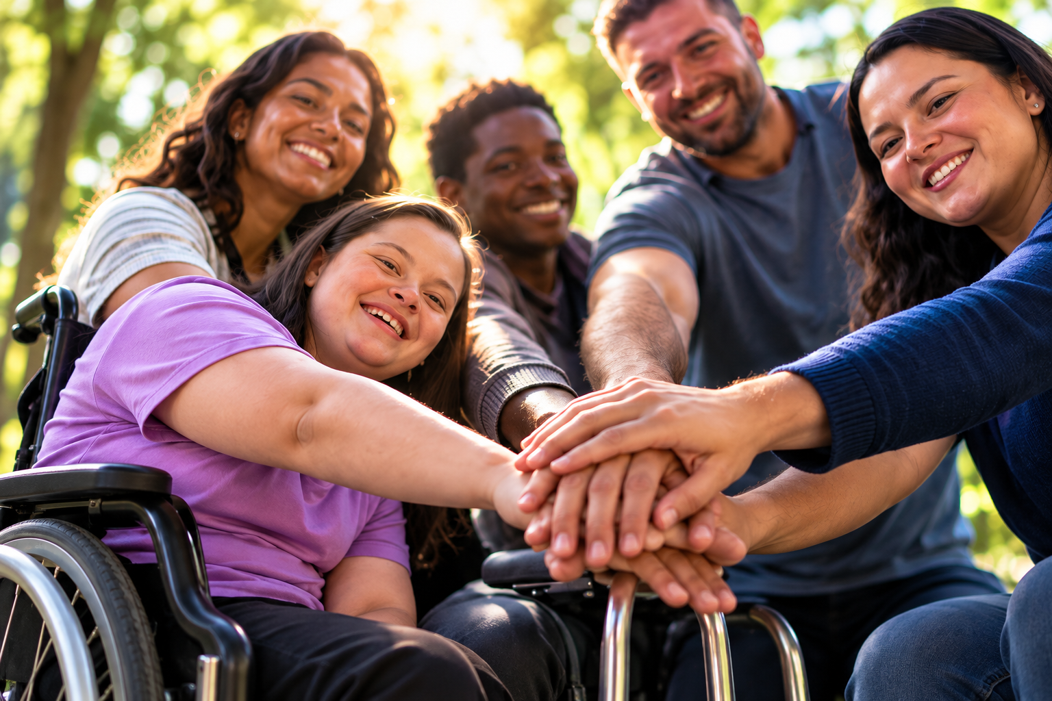 A group of young disabled and non-disabled friends joining hands together outdoors