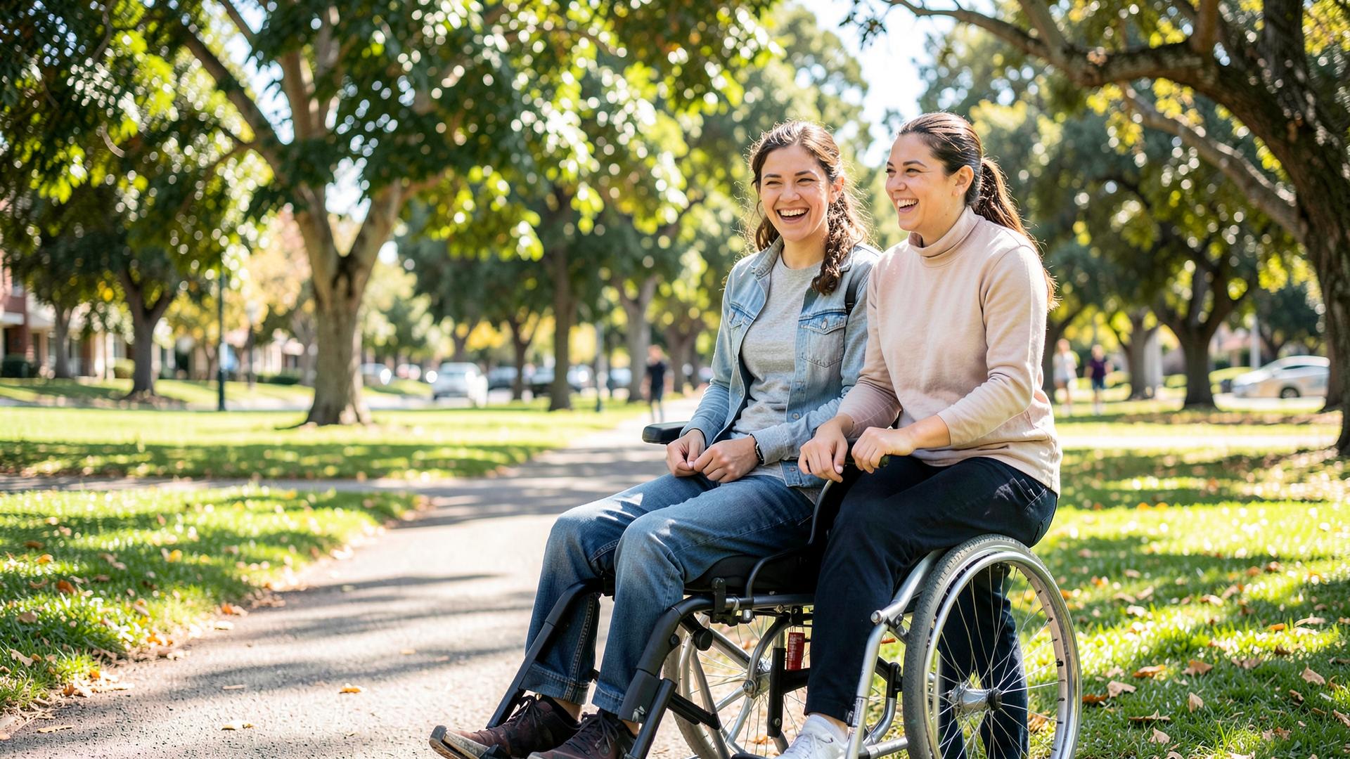 A young woman who uses a wheelchair sharing a joyful moment with her support worker