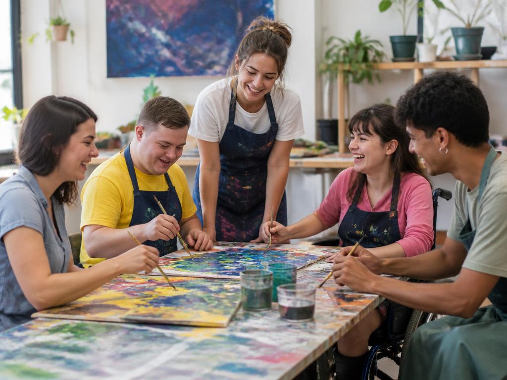Young disabled adults taking part in an inclusive community art activity