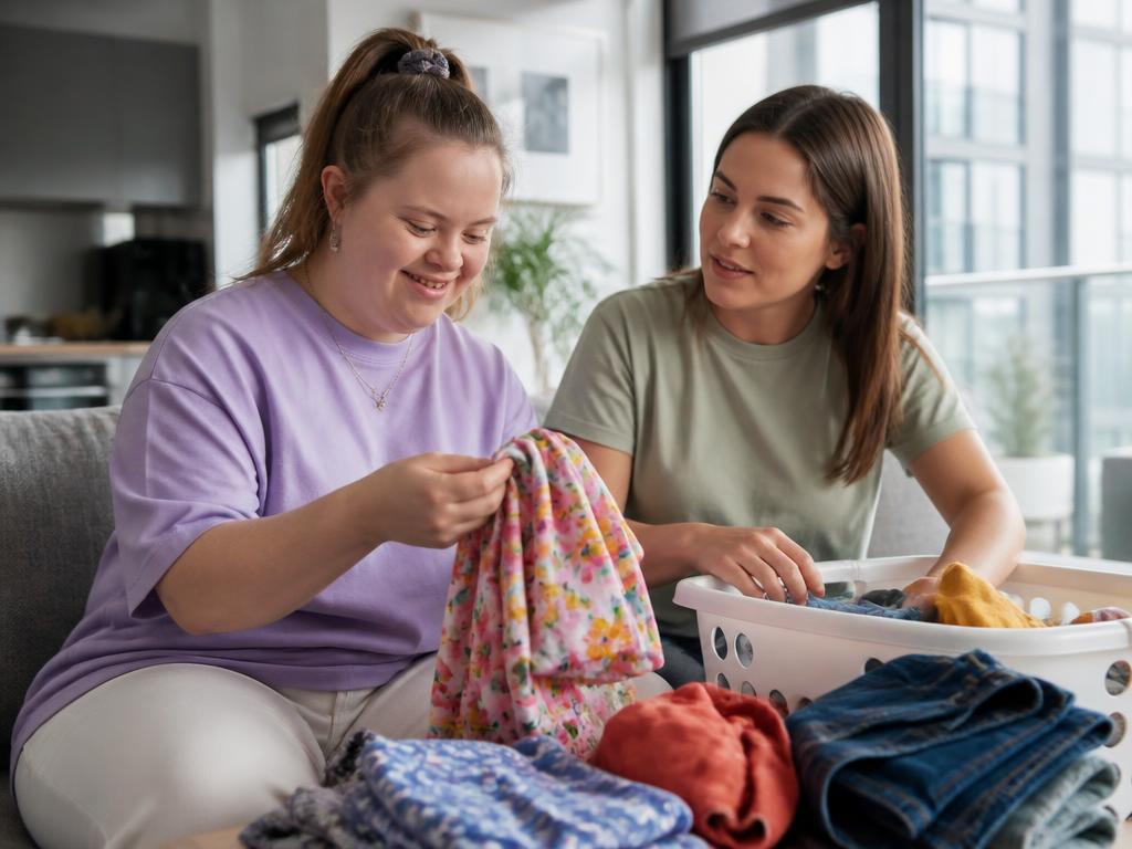 A young participant and support worker completing household tasks together