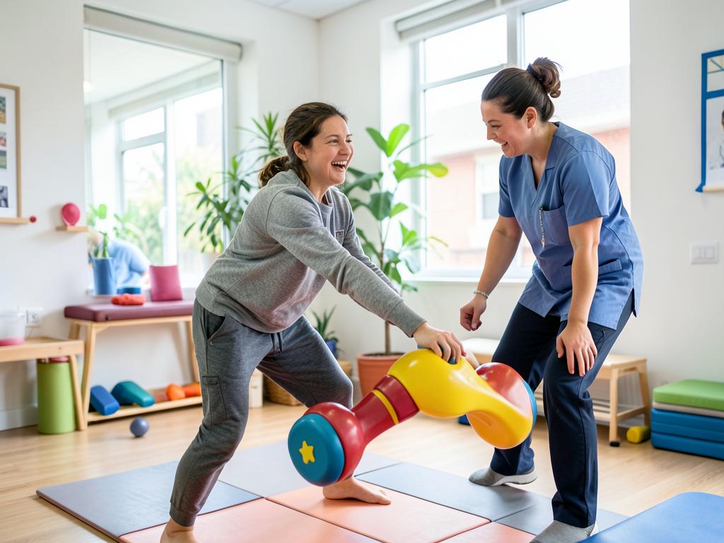A young participant working toward a goal with an allied health professional