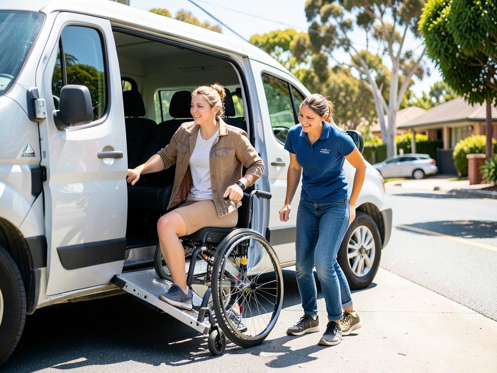 A young wheelchair user accessing transport with a support worker